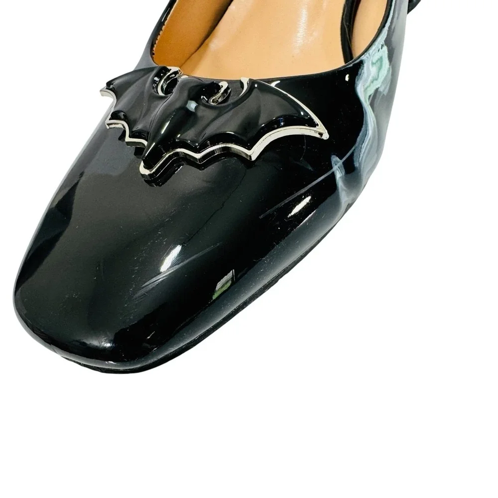Bat Witchy Preppy Patent‎ Leather Slingback Square Toe Pumps 10 Block Heel Black